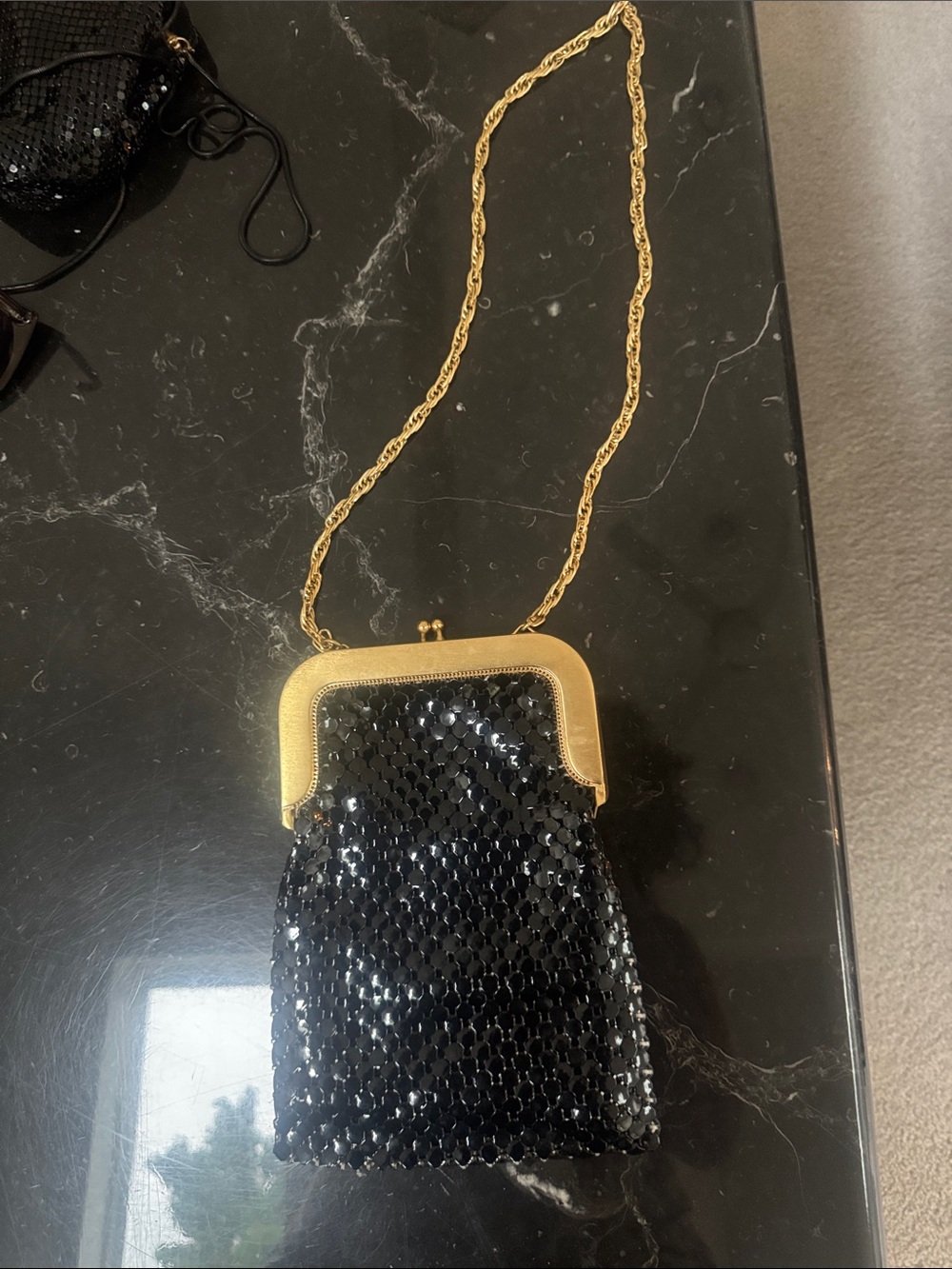 Vintage Whiting and Davis Black Sequin Evening Bag with Gold Frame and Chain